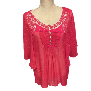 Black Rainn sheer lightweight pink boho blouse with bell sleeves.